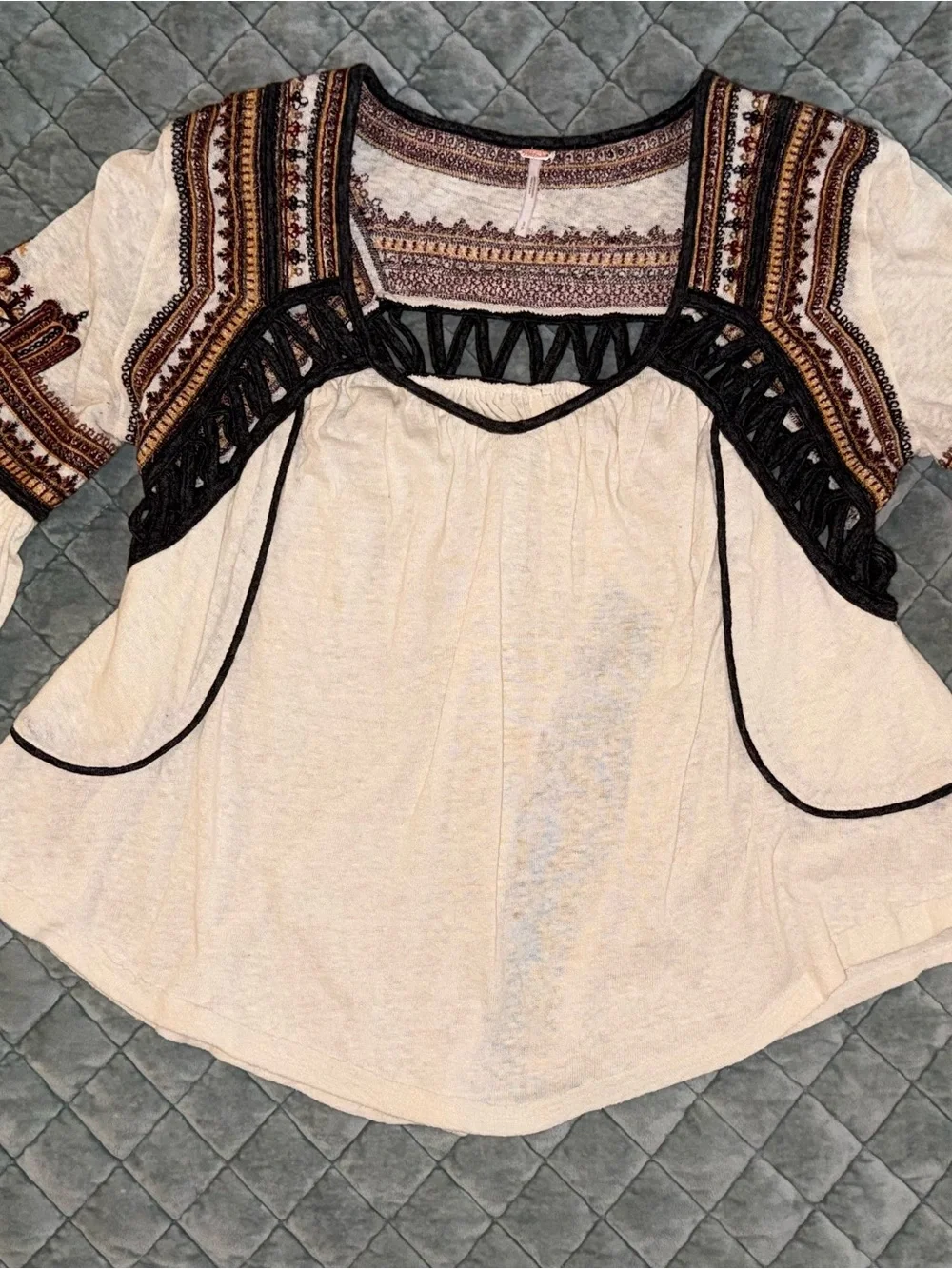 Free People Cream Snow Kisses - Boho Embroidered Tunic with Black Trim - Picture 3 of 16